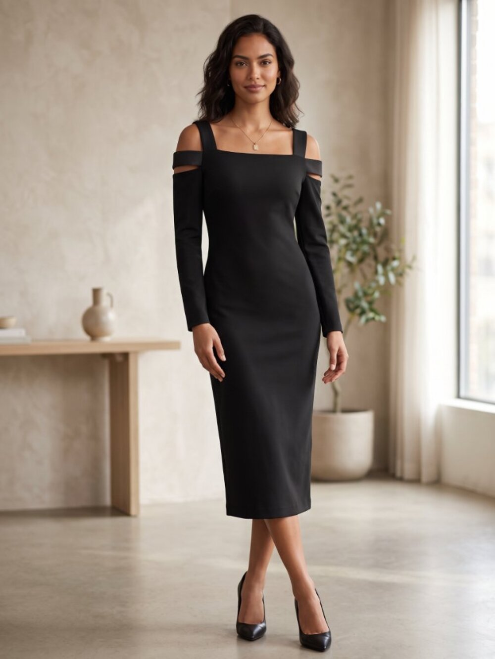 Calvin Klein Cold Shoulder Long Sleeve Scuba Sheath Midi Dress Black Size 8